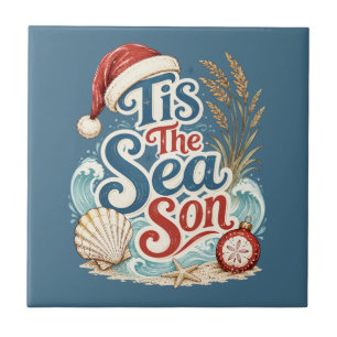 Coastal Christmas Tis Sea Son Typography Ceramic Tile