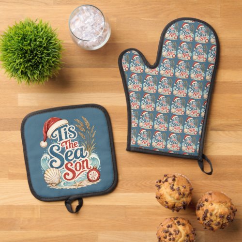Coastal Christmas Tis Sea Son Typography Oven Mitt & Pot Holder Set