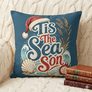 Coastal Christmas Tis Sea Son Typography Throw Pillow