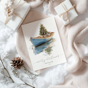 Coastal Christmas Tree in Row Boat Holiday Card