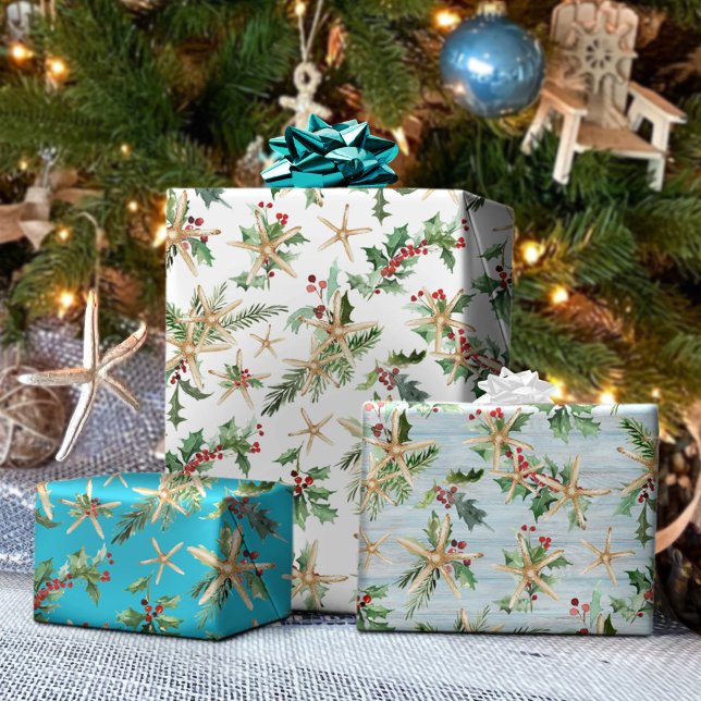 Coastal Christmas Tropical Beach Starfish Blue Wrapping Paper Sheets (Creator Uploaded)