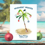 Coastal Christmas | Warm Wishes Tropical Palm Tree Holiday Card<br><div class="desc">Coastal Christmas theme holiday flat card featuring a palm tree decorated with ornaments on a tropical beach with gold sand and a  'Warmest Wishes' greeting. Reverse side features hand-painted,  rustic nautical blue and white stripes. Art by KL Stock.</div>