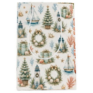 Coastal Christmas Watercolor Lighthouse & Sailboat Medium Gift Bag