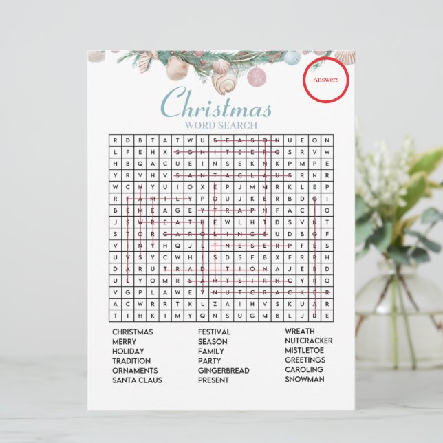 Coastal Christmas Word Search  Answer Game card (Standing Front)