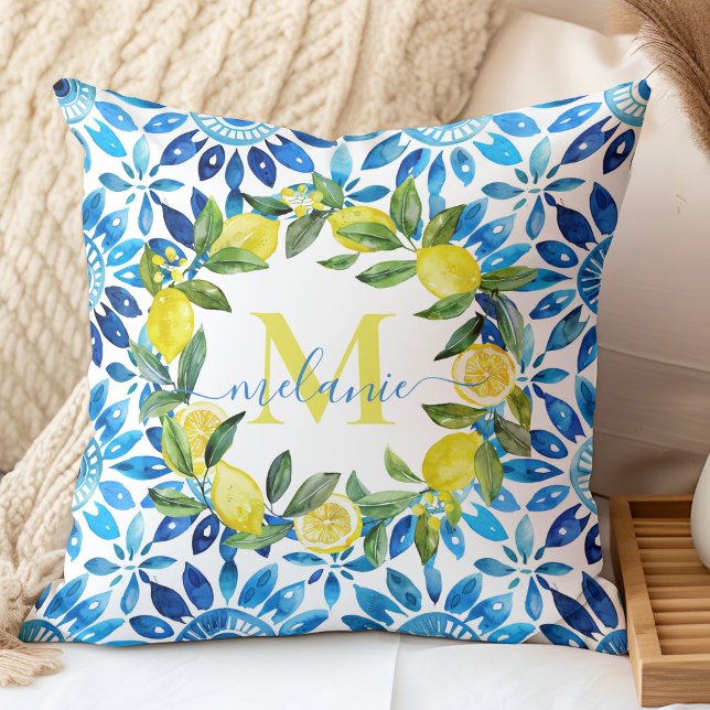 Coastal Citrus & Blue Tiles Custom Name Monogram Throw Pillow (Coastal Citrus & Blue Tiles Custom Name Monogram Throw Pillow in a neutral boho bedroom.)