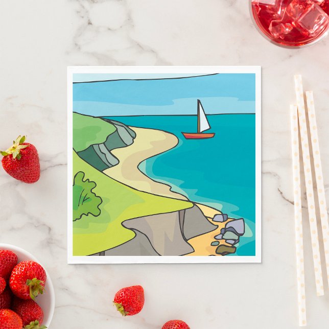 Coastal Cliff Beach Sailboat Napkins (Creator Uploaded)