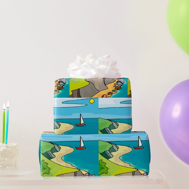 Coastal Cliff Beach Sailboat Wrapping Paper (Creator Uploaded)