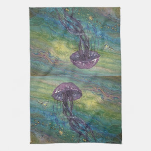 Coastal colorful jellyfish kitchen towel