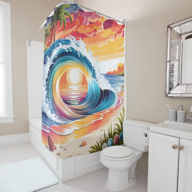 Coastal & Colorful Vibrant Sunset Beach Wave Shower Curtain (In Situ)