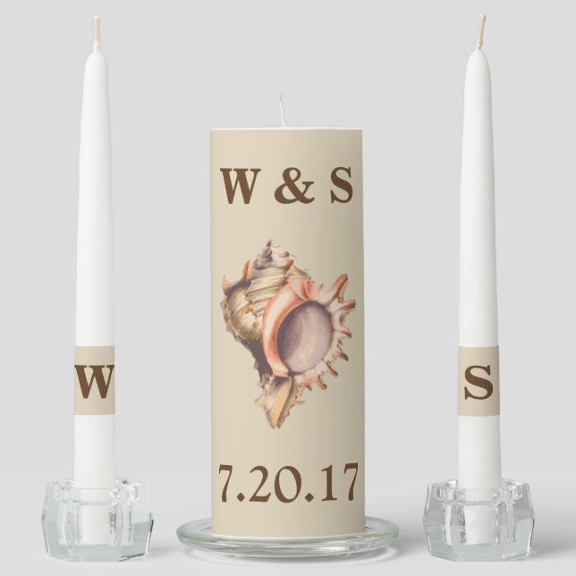 Coastal Conch Seashell Beach Wedding Unity Candle Set (Front)