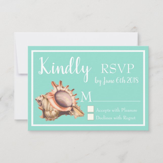Coastal Conch Seashell & Sea Glass Green RSVP Card (Front)