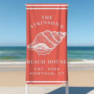 Coastal Conch Shell Beach House Family Name Coral Towel