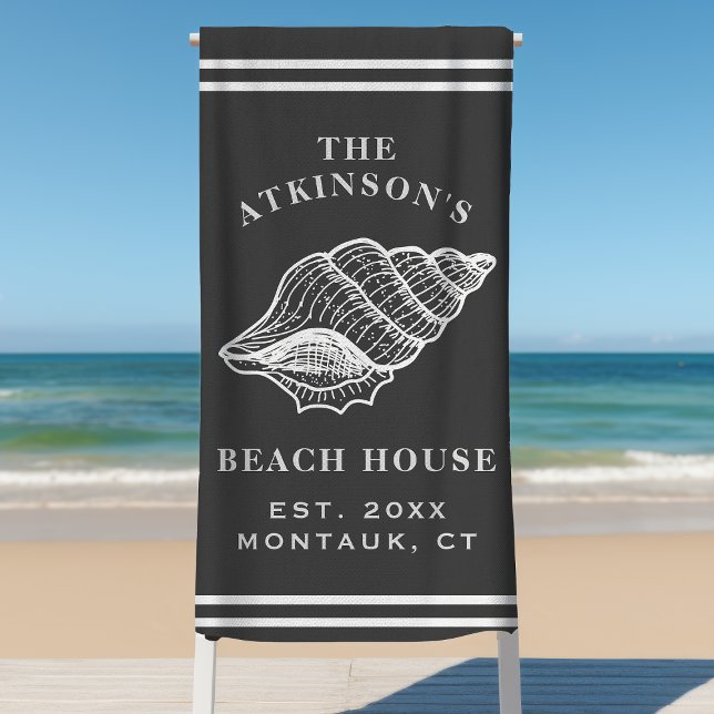 Coastal Conch Shell Beach House Family Name Gray Beach Towel (Creator Uploaded)