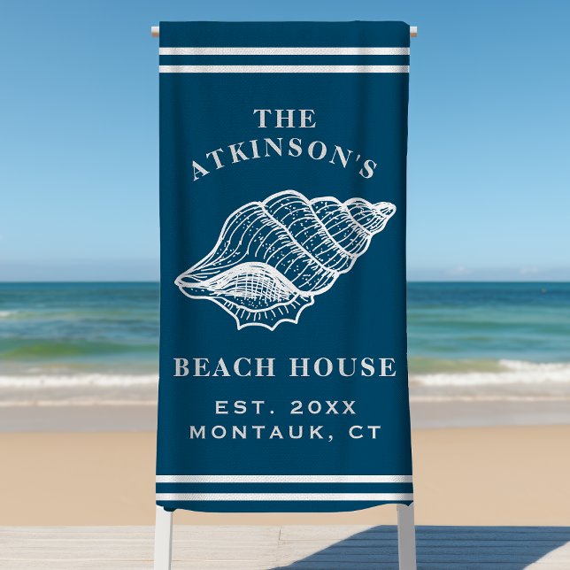 Coastal Conch Shell Beach House Family Name Navy Beach Towel (Creator Uploaded)