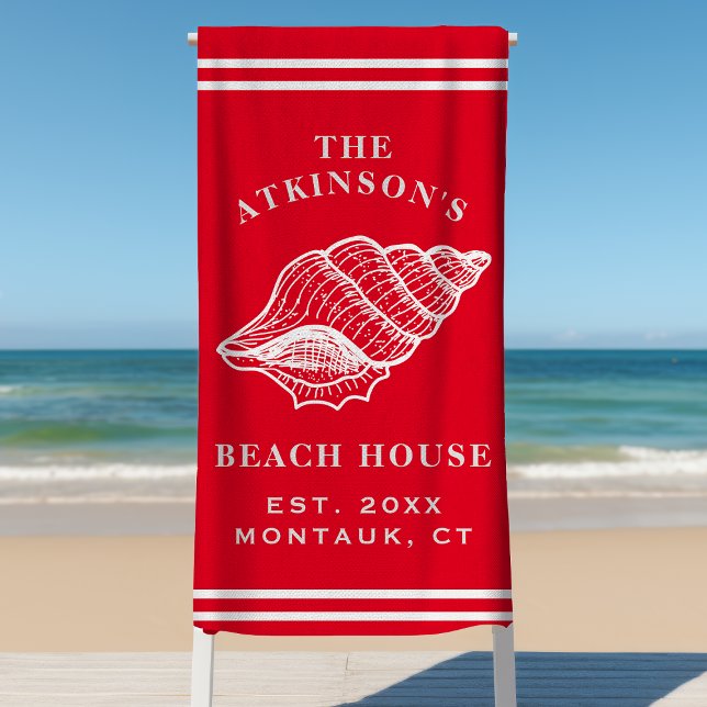 Coastal Conch Shell Beach House Family Name Red Beach Towel (Creator Uploaded)