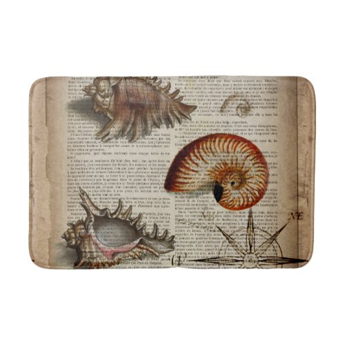 coastal conch vintage seashell botanical print bath mat