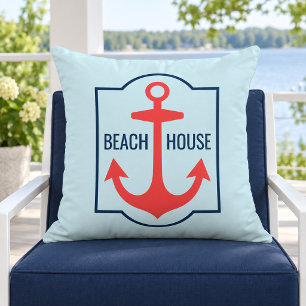 Coastal Coral Anchor Beach House Location Outdoor Pillow