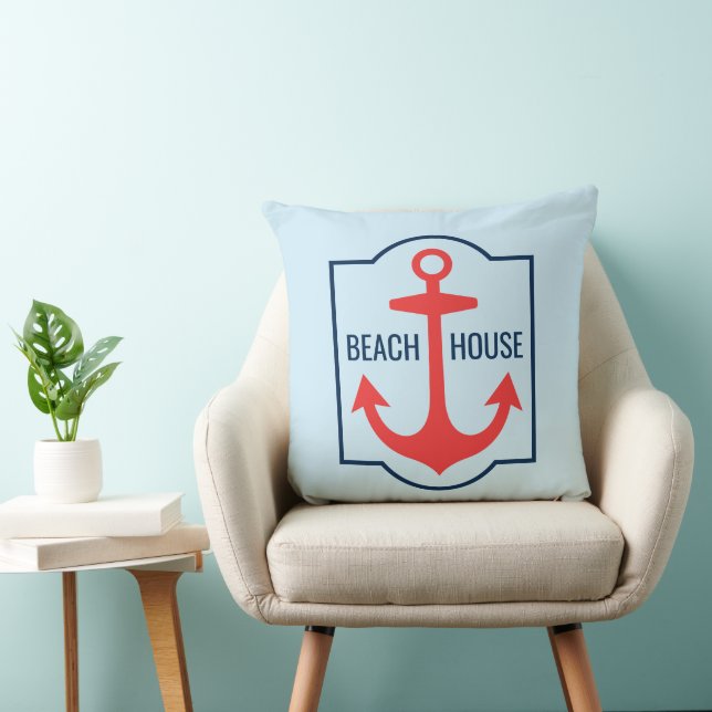 Coastal Coral Anchor Beach House Location Throw Pillow (Chair)