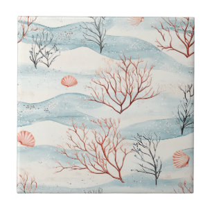 Coastal Coral and Seashells in Rust Orange & Blue Ceramic Tile
