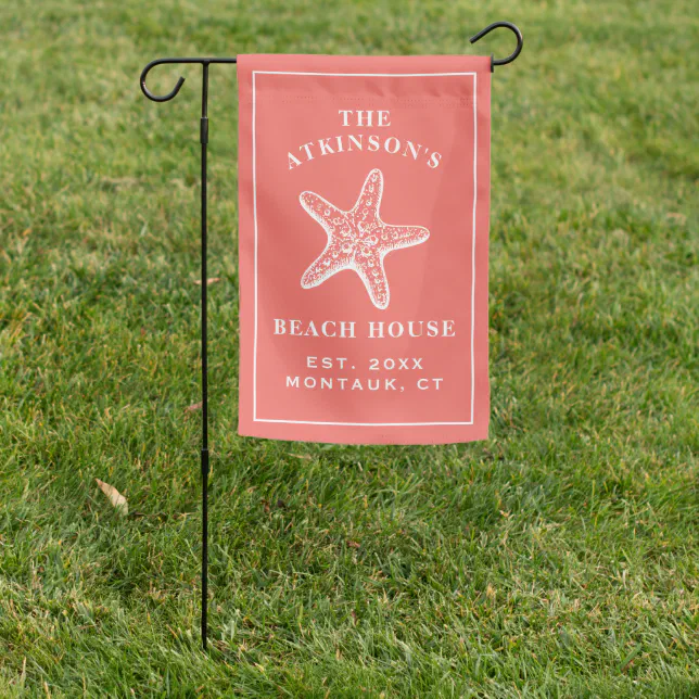 Coastal Coral Beach House Starfish Garden Flag | Zazzle