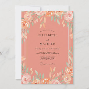 Coastal Coral Blossom Wreath Wedding Invitation