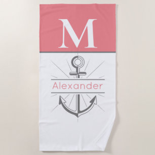Coastal Coral Gray White Anchor Nautical Monogram Beach Towel