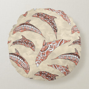 Coastal Coral Hawaiian Tribal Dolphins Round Pillow