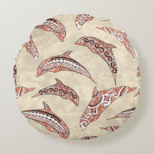 Coastal Coral Hawaiian Tribal Dolphins Round Pillow