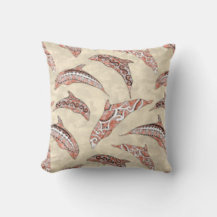 Coastal Coral Hawaiian Tribal Dolphins Throw Pillow