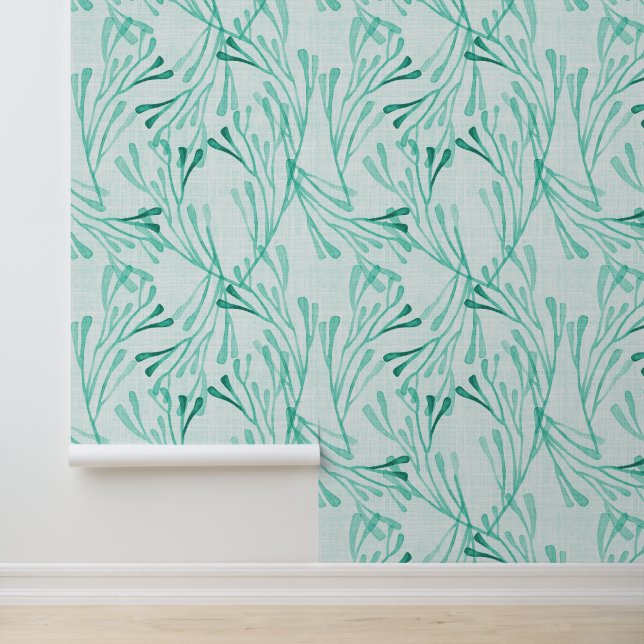 Coastal Coral in Soft Mint Green Wallpaper (Application)