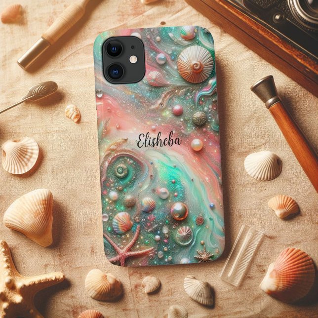 Coastal Coral Mint Seashells and Pearls Case-Mate iPhone Case (Creator Uploaded)