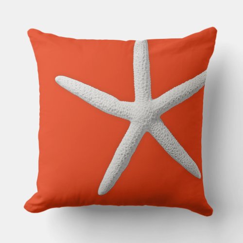 Coastal Coral Orange Tropical White Starfish Beach Throw Pillow