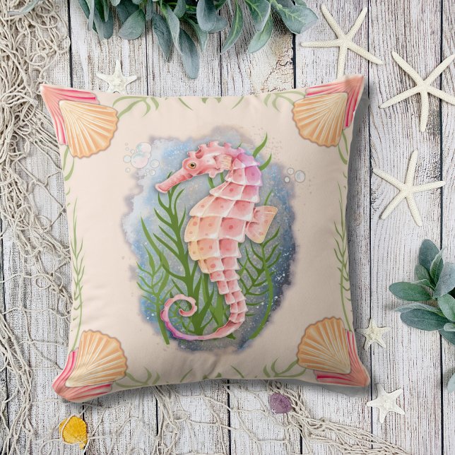 Coastal Coral Seahorse Throw Pillow (Creator Uploaded)