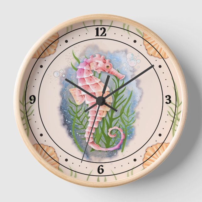 Coastal Coral Seahorse Wall Clock (Front)