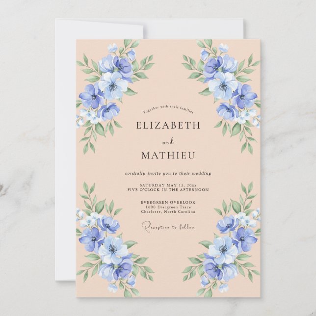 Coastal Cornflower Blossom Champagne Wedding Invitation (Front)