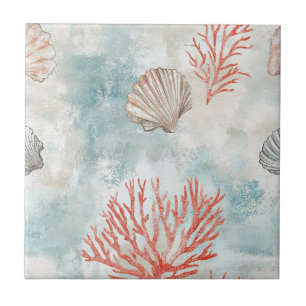 Coastal Cottage Aqua Seashell Pattern Ceramic Tile