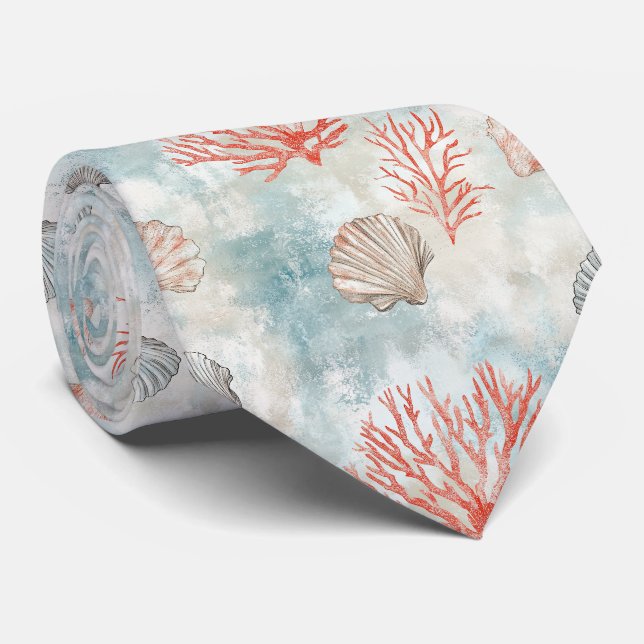 Coastal Cottage Aqua Seashell Pattern Neck Tie (Rolled)