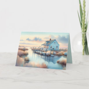 Coastal Cottage at Sunrise Marsh Letterpress Thank You Card