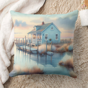 Coastal Cottage at Sunrise Marsh Throw Pillow