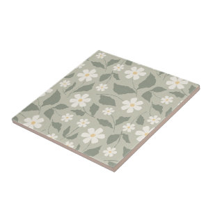 Coastal Cottage Daisy Floral Botanical Muted Sage Ceramic Tile