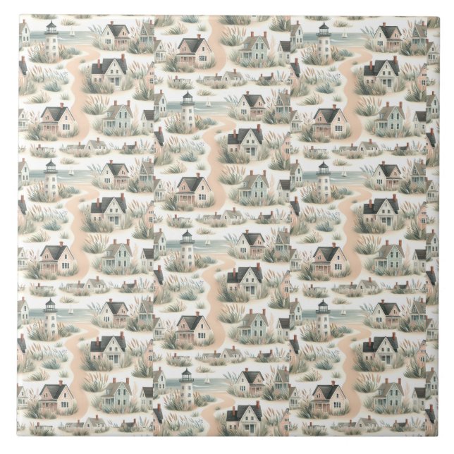 Coastal Cottage Lighthouse Pattern Ceramic Tile (Front)