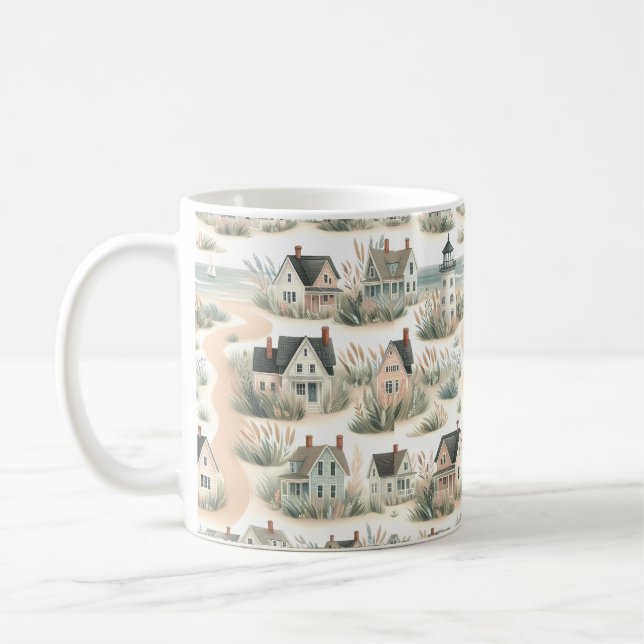 Coastal Cottage Lighthouse Pattern Coffee Mug (Left)