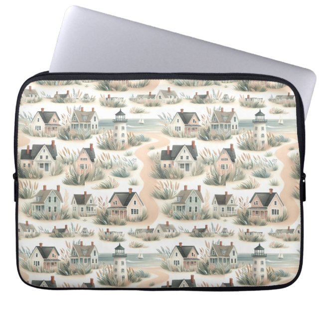Coastal Cottage Lighthouse Pattern Laptop Sleeve (Front)