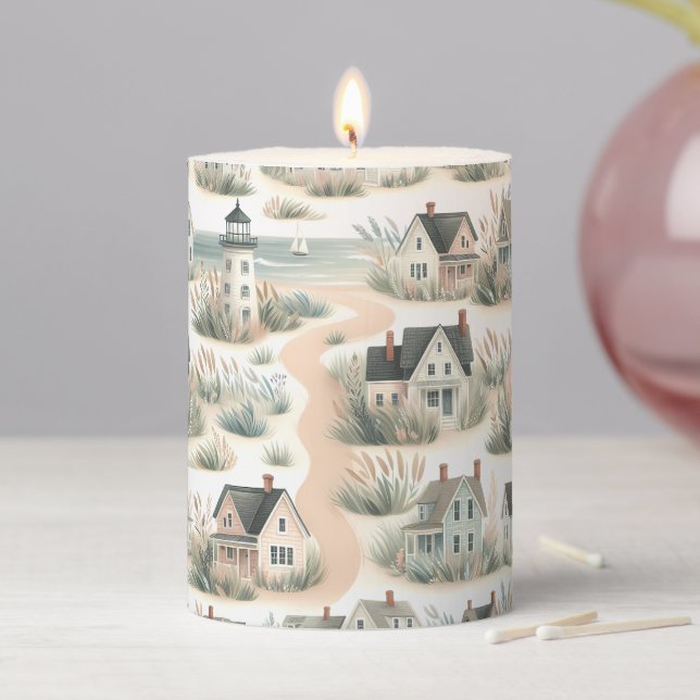 Coastal Cottage Lighthouse Pattern Pillar Candle (In Situ)