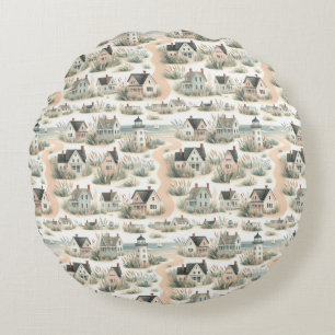 Coastal Cottage Lighthouse Pattern Round Pillow