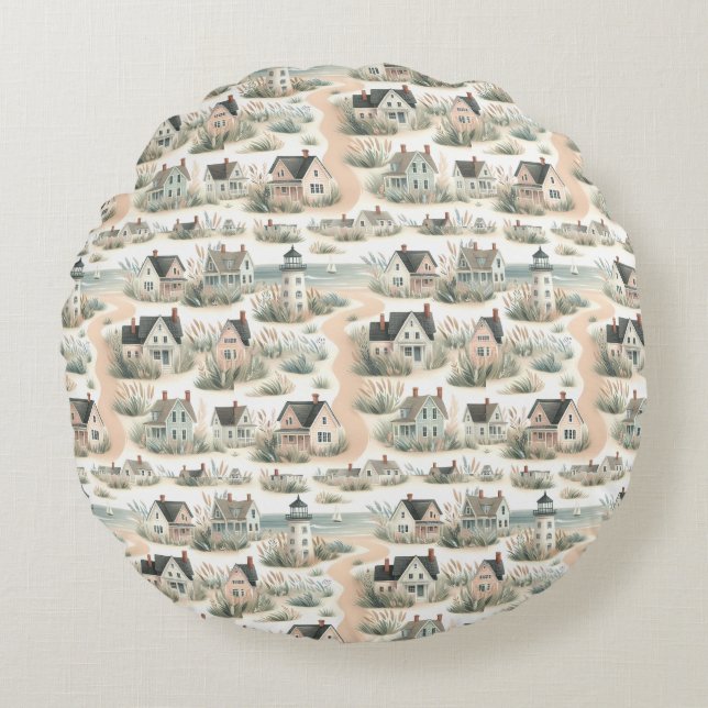 Coastal Cottage Lighthouse Pattern Round Pillow (Front)