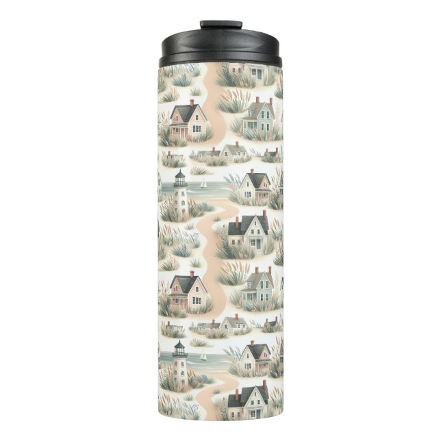 Coastal Cottage Lighthouse Pattern Thermal Tumbler (Front)