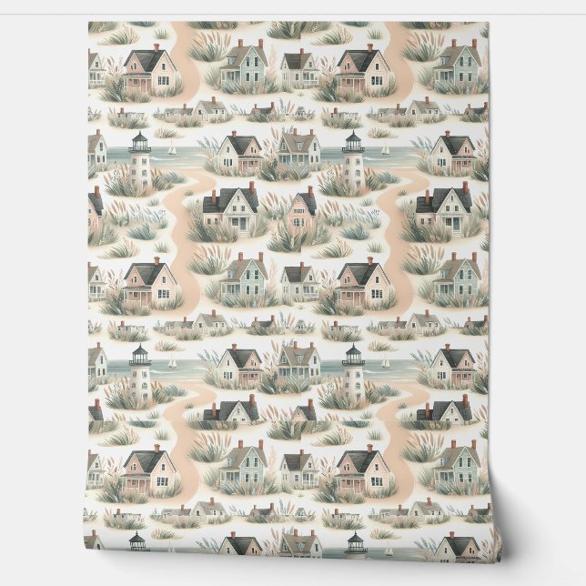 Coastal Cottage Lighthouse Pattern Wallpaper (Unrolling)