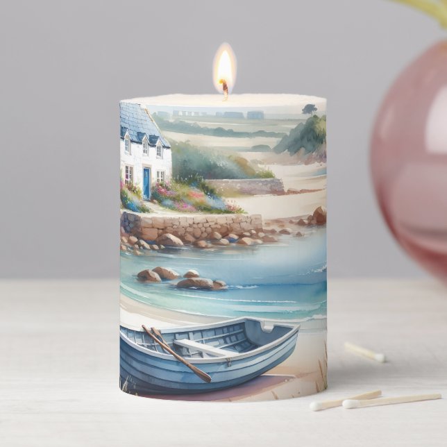 Coastal Cottage Seaside Rowboat Bloom Pillar Candle (In Situ)
