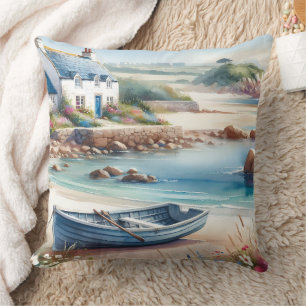 Coastal Cottage Seaside Rowboat Bloom Throw Pillow